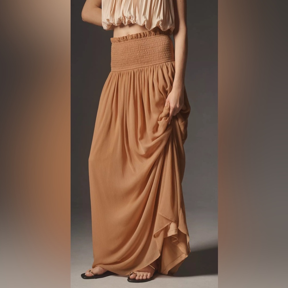 Anthropologie Two-Tone Pleated Maxi Skirt Dress in Beige and Camel - Picture 4 of 12